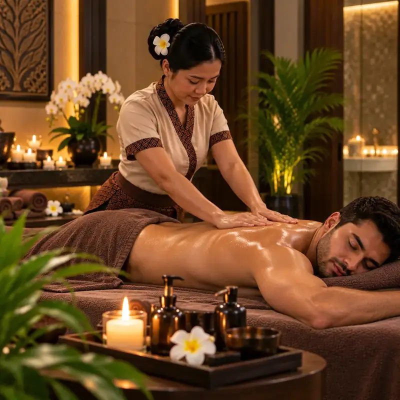Therapist performing a soothing Arabic oil massage on a guest's back in JVC
