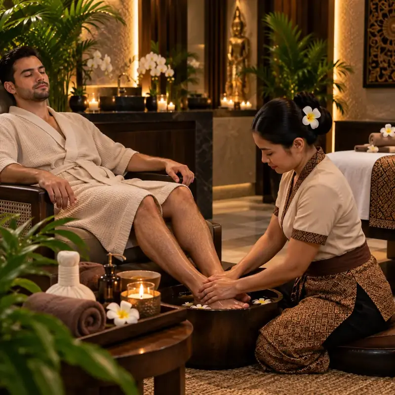 Therapist giving a foot massage after a warm foot soak at Fiona Spa JVC