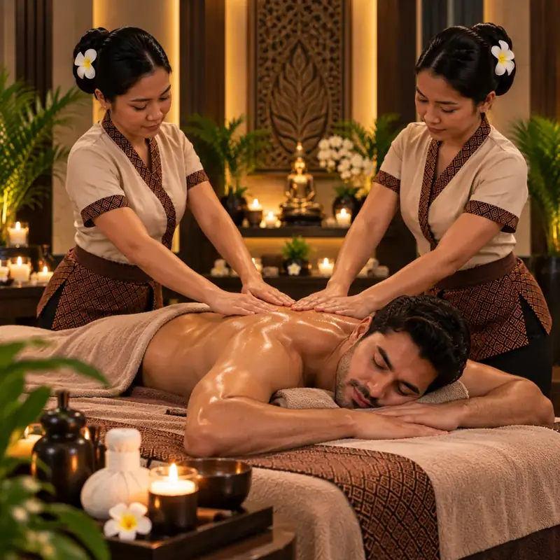 Two therapists performing a synchronised four hands massage on one guest in JVC