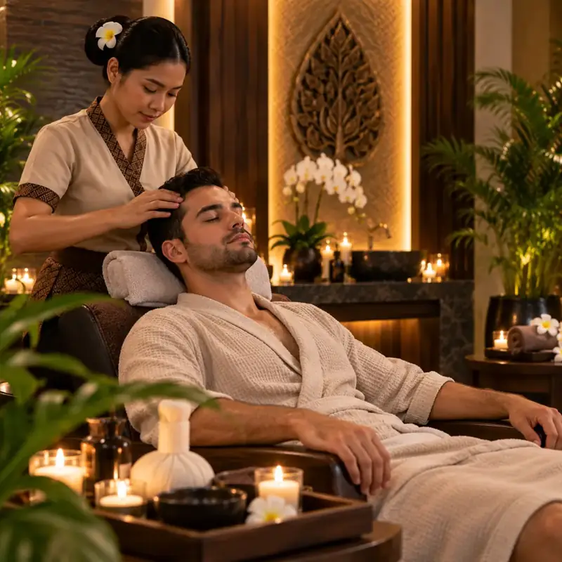 Therapist giving a relaxing head and scalp massage to a reclined guest in JVC