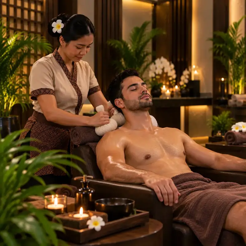 Therapist pressing a warm herbal compress ball onto a guest's shoulder in JVC