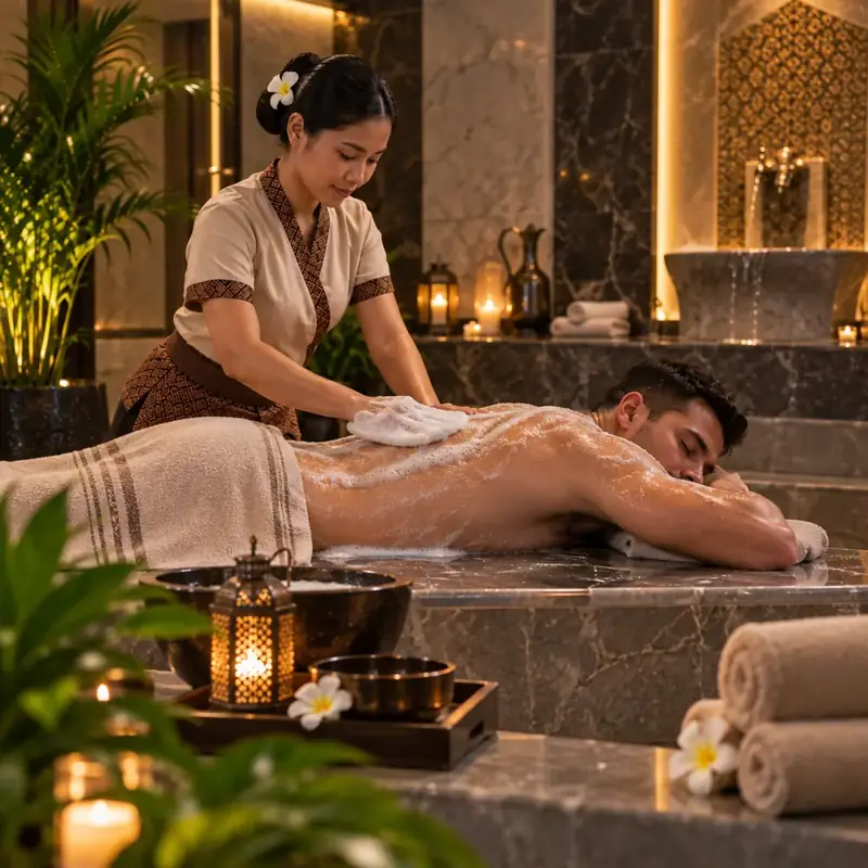 Guest relaxing on a marble hammam bed during a Moroccan bath foam wash in JVC