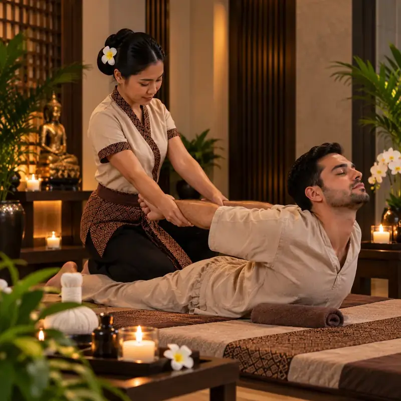 Therapist guiding a guest through an assisted Thai massage stretch in JVC
